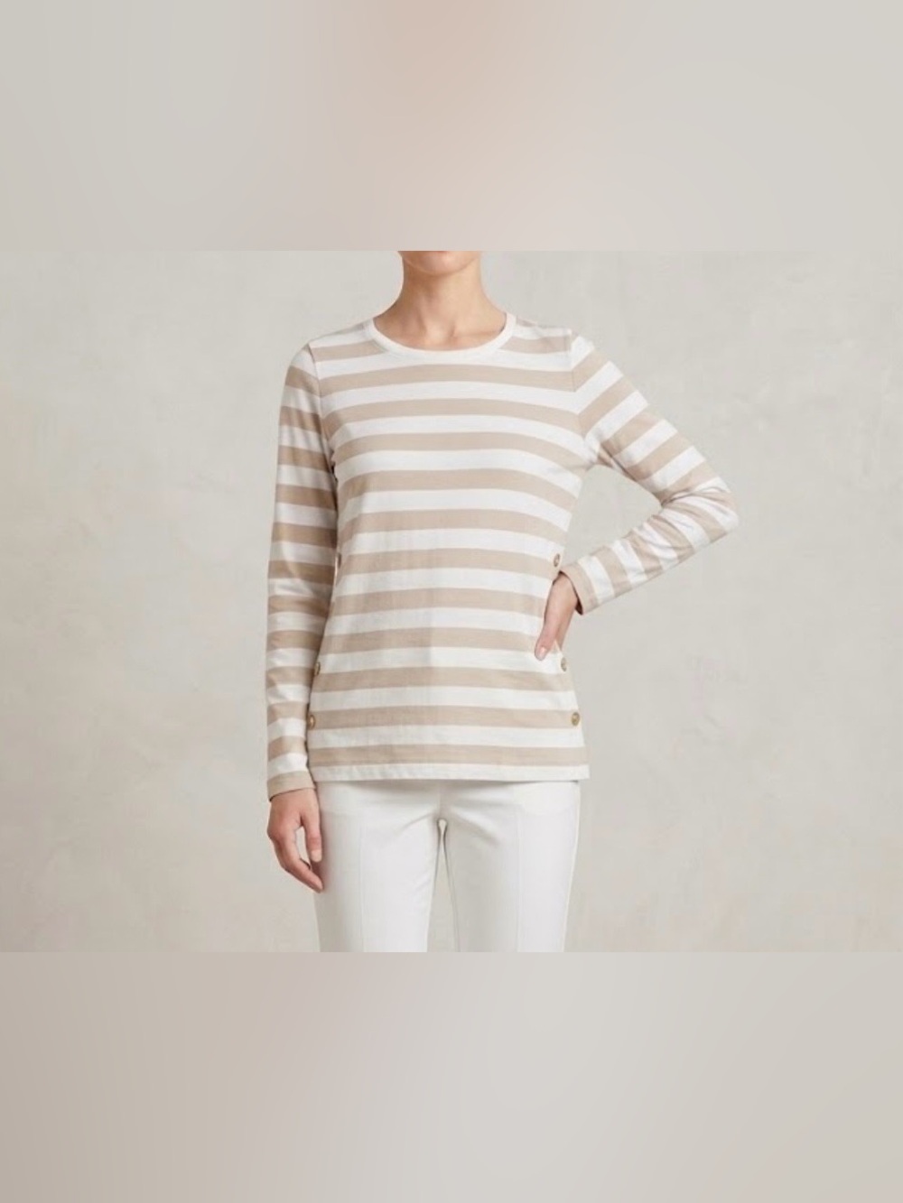 J.Crew Striped Side Button Long Sleeve Top Tan White Nautical Sailor Size XS